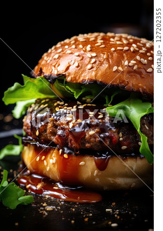 Burger with dripping bbq sauce on dark background. Generative Ai Burger with dripping bbq sauce on dark background. Generative Ai 127202355
