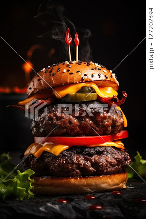 Stacked burger with dripping bbq sauce and melting cheese. Ai Generative 127202394
