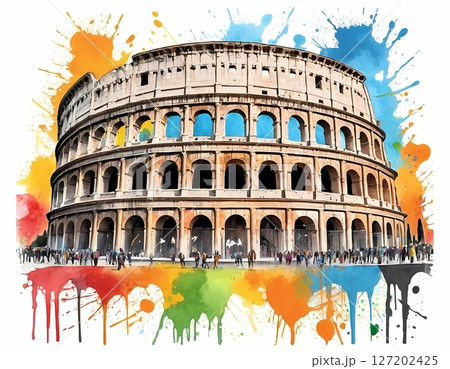 Colosseum in Rome Illustrated in Vibrant Watercolor Splash Style perfect for t-shirt, postcard 127202425