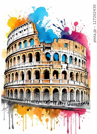 Colosseum in Rome Illustrated in Vibrant Watercolor Splash Style perfect for t-shirt, postcard 127202430