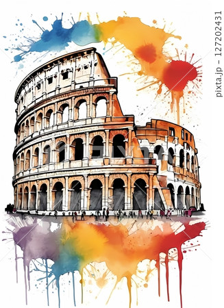 Colosseum in Rome Illustrated in Vibrant Watercolor Splash Style perfect for t-shirt, postcard 127202431