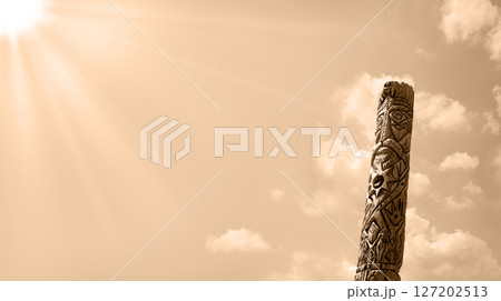 Old wooden idol in the field 127202513