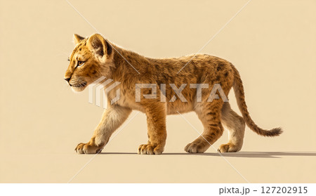 遊ぶライオンの子が歩く途中の姿、リアルな野生動物写真 127202915