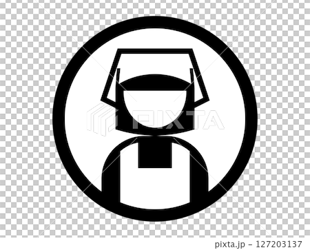 A simple round monochrome illustration icon of a person wearing an apron and a sling 127203137