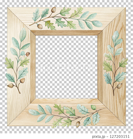 Wooden and flower pattern frame  white background 127203151