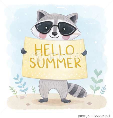animal in the world Wear black sunglasses  stand Holding a sign Hello Summer white background 127203201
