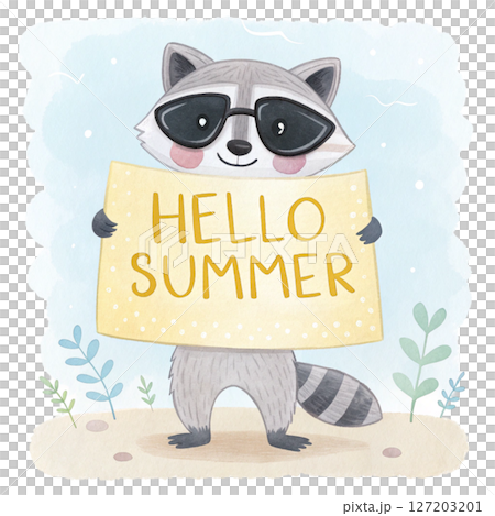 animal in the world Wear black sunglasses  stand Holding a sign Hello Summer white background 127203201