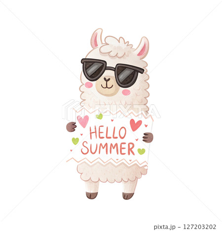 animal in the world Wear black sunglasses  stand Holding a sign Hello Summer white background 127203202