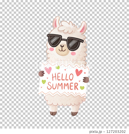 animal in the world Wear black sunglasses  stand Holding a sign Hello Summer white background 127203202
