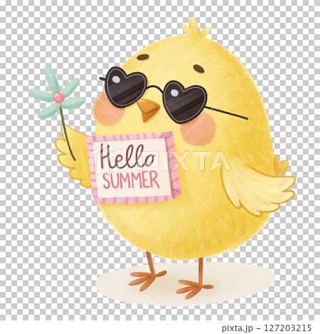 animal in the world Wear black sunglasses  stand Holding a sign Hello Summer white background 127203215