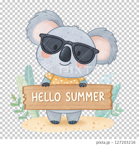 animal in the world Wear black sunglasses  stand Holding a sign Hello Summer white background 127203216