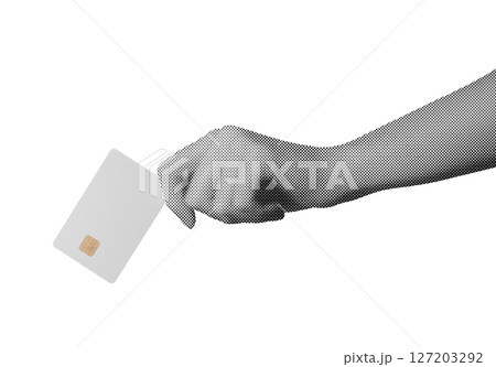 Bank card held in hand, showcasing a modern design with a chip. Retro halftone style, perfect for 127203292