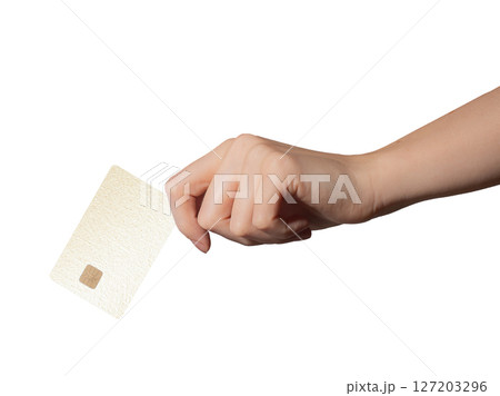 Bank card in hand with a beige design. Credit, debit, and cashless payment concept for retail and Bank card in hand with a beige design. Credit, debit, and cashless payment concept for retail and 127203296