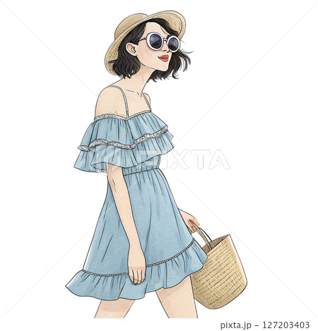 Beautiful Asian Women Wear beachwear beach clothes white background 127203403