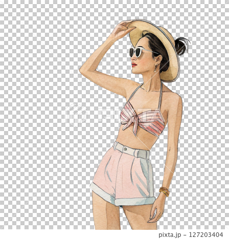Beautiful Asian Women Wear beachwear beach clothes white background 127203404