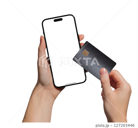 Hand holding a smartphone displaying a bank card for online payment. Electronic commerce concept Hand holding a smartphone displaying a bank card for online payment. Electronic commerce concept 127203446