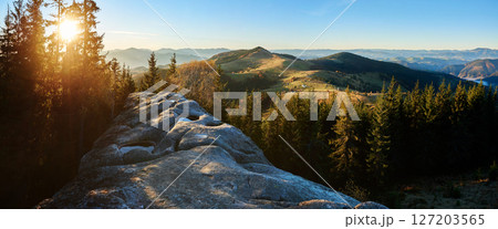 Panoramic image of sunrise over Pysanyi Kamin in Carpathians, Ukraine. Sun's rays pierce through tall pine trees, illuminating rocky foreground with water-filled depressions. 127203565