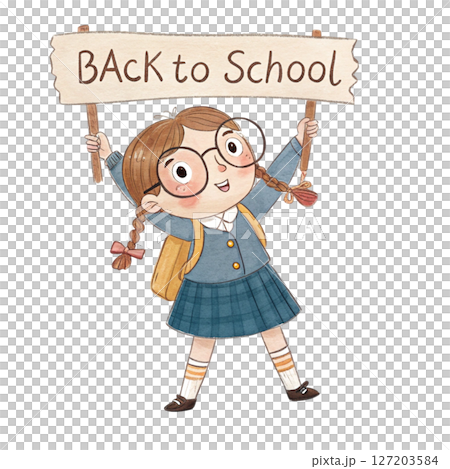 Cute kid wearing school uniform glasses stand Holding a sign Back to School white background Cute kid wearing school uniform glasses stand Holding a sign Back to School white background 127203584