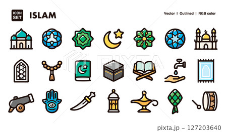 イスラム文化と宗教のイラストアイコンセット 礼拝、建築、工芸品のベクター素材 イスラム文化と宗教のイラストアイコンセット 礼拝、建築、工芸品のベクター素材 127203640