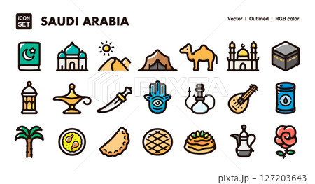 サウジアラビアのイラストアイコンセット 文化と伝統のベクター素材 サウジアラビアのイラストアイコンセット 文化と伝統のベクター素材 127203643