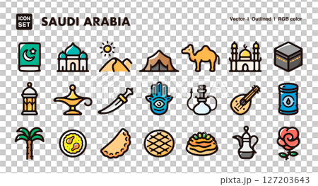 サウジアラビアのイラストアイコンセット 文化と伝統のベクター素材 サウジアラビアのイラストアイコンセット 文化と伝統のベクター素材 127203643