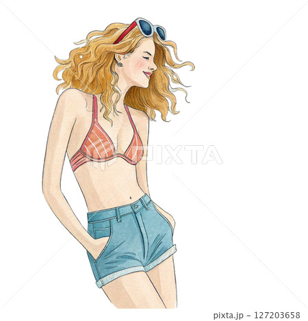 Beautiful girl in summer clothes  sunglasses white background 127203658