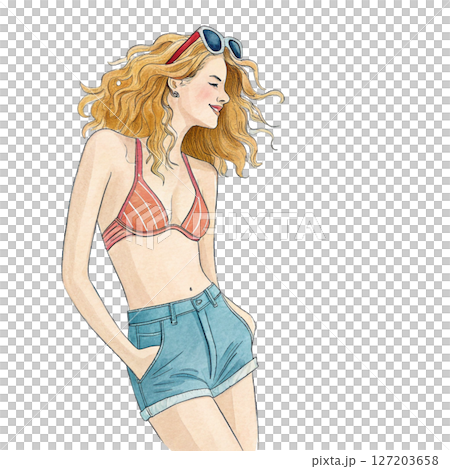 Beautiful girl in summer clothes  sunglasses white background 127203658