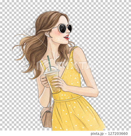 Beautiful girl in summer clothes sunglasses white background Beautiful girl in summer clothes sunglasses white background 127203660