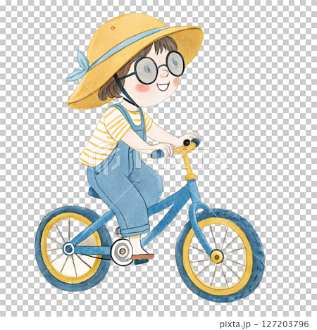 Cute kid wearing glasses riding a bike white background 127203796