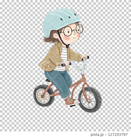 Cute kid wearing glasses riding a bike white background 127203797