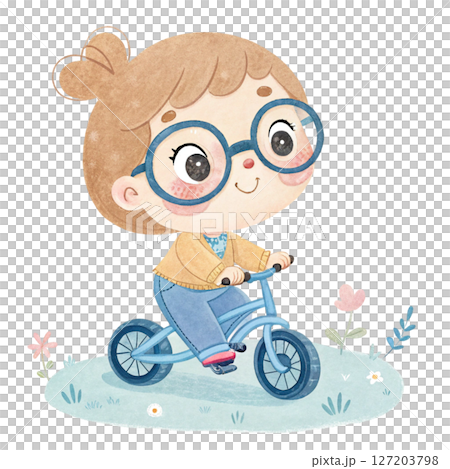 Cute kid wearing glasses riding a bike white background Cute kid wearing glasses riding a bike white background 127203798