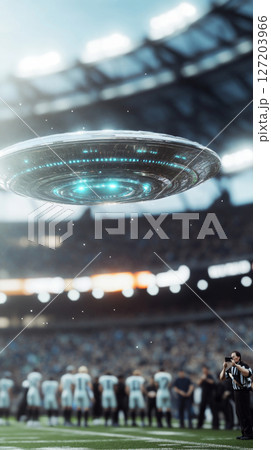 UFO hovering over football stadium during night game, crowd mesmerized 127203966