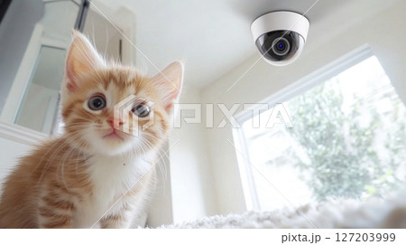 Kitten sitting on carpet near window with home surveillance camera Kitten sitting on carpet near window with home surveillance camera 127203999