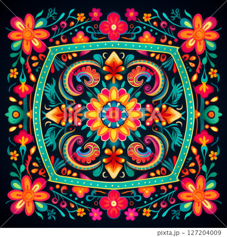 Mexican aztec sun stone with tribal face and colorful symmetrical pattern on black background 127204009