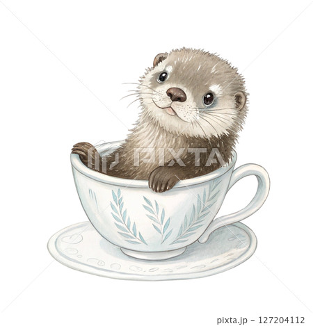 cutest animals in Japan  sitting in a teacup white background cutest animals in Japan  sitting in a teacup white background 127204112