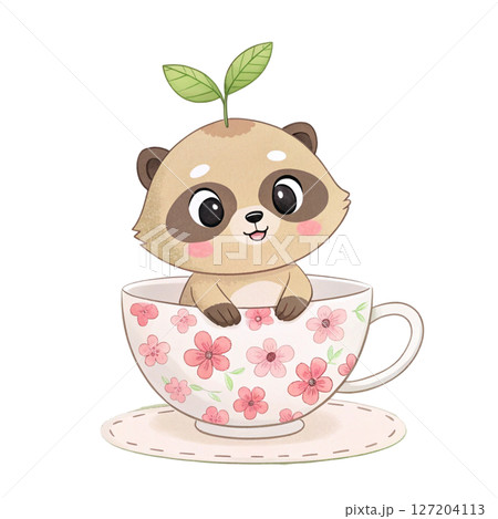 cutest animals in Japan  sitting in a teacup white background cutest animals in Japan  sitting in a teacup white background 127204113