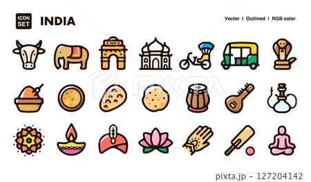 インドのイラストアイコンセット 文化、料理、伝統を描いたベクター素材 インドのイラストアイコンセット 文化、料理、伝統を描いたベクター素材 127204142