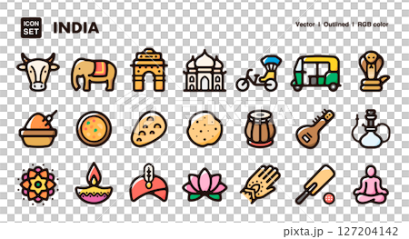 India illustration icon set - vector material depicting culture, cuisine, and traditions 127204142