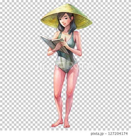 Beautiful Asian girl wearing a swimsuit white background 127204174