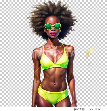 Dark skinned girl wearing a swimsuit white background 127204208