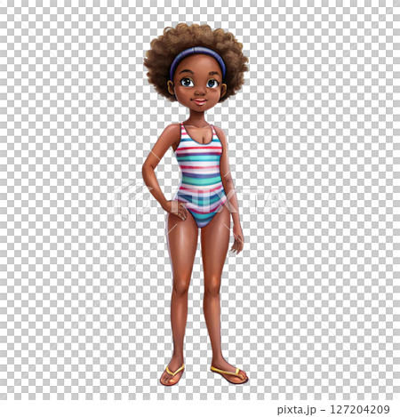 Dark skinned girl wearing a swimsuit white background 127204209