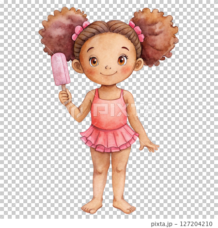 Dark skinned girl wearing a swimsuit white background 127204210