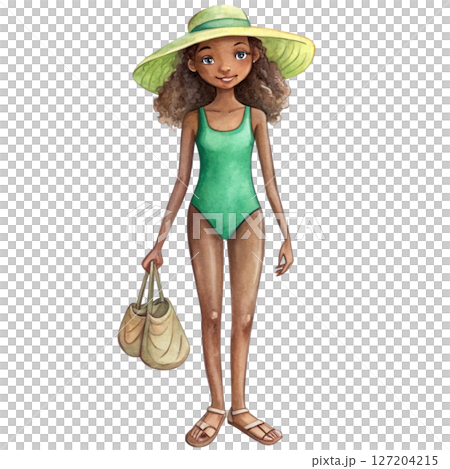 Dark skinned girl wearing a swimsuit white background 127204215