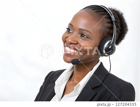 Confident African-American female customer support agent smiling while wearing a headset. Isolated on white 127204335