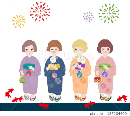 夏祭り・浴衣を着て夏祭りを楽しんでいる 127204460