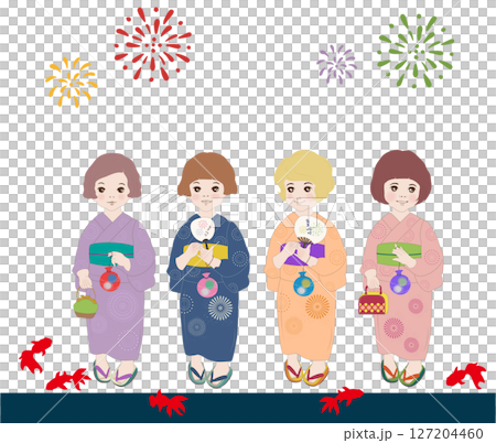 夏祭り・浴衣を着て夏祭りを楽しんでいる 127204460