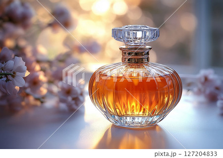 Luxurious perfume bottle glistening positioned on a flowers spring background. Showcasing high-end fragrance products in marketing and advertising campaigns. Luxurious perfume bottle glistening positioned on a flowers spring background. Showcasing high-end fragrance products in marketing and advertising campaigns. 127204833