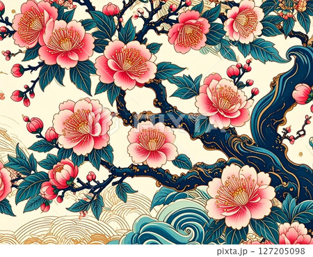 着物の柄のような浮世絵風の梅の花 127205098