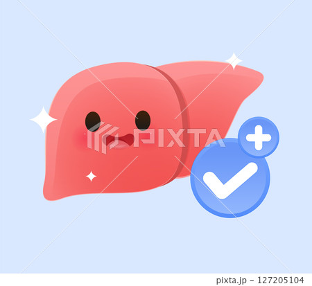 a cute liver character smiling happily, representing good condition and health. 127205104