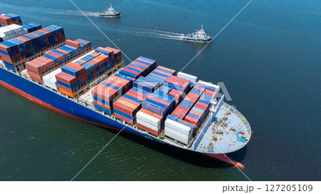 Aerial view cargo container ship global business maritime logistic, Cargo container ship freight shipping international supply chain, Sea freight industrial import export logistic transport industry. 127205109
